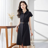 恰凡（QIAFAN）連衣裙襯衫女裝夏季新款polo領(lǐng)單排扣純色通勤收腰顯瘦翻領(lǐng)中裙子 黑色連衣裙（隨機(jī)送黑腰帶） S