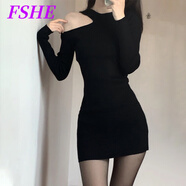 FSHE針織連衣裙女春夏修身黑色露肩純欲風(fēng)性感緊身打底毛衣包臀連衣裙 黑色 S