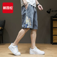 新百倫短褲男小熊刺繡夏季牛仔寬松大碼中褲ins潮流抽繩五分褲工裝男款 復古藍 M (165)