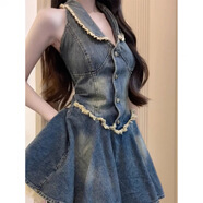 XCFREHT美式復古牛仔掛脖連衣裙女2025夏季新款韓版辣妹毛邊拼接收腰短裙 藍色毛邊連衣裙 S