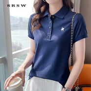 SRSW 短袖T恤女POLO領(lǐng)夏季新款簡約百搭通勤POLO衫涼爽透氣減齡顯瘦女 藏青色 L  建議100-115斤