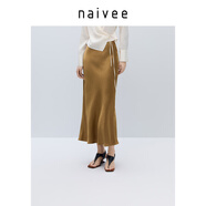 納薇（naivee）【100%醋酸】商場(chǎng)同款25夏流光中長(zhǎng)半身裙松緊腰 金色 L