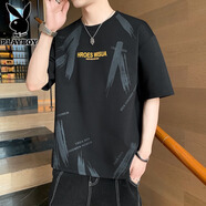 花花公子短袖T恤男2025夏季圓領(lǐng)百搭潮流半袖寬松上衣服潮牌休閑帥氣體恤 6886黑色 XL (約130-150斤可穿)