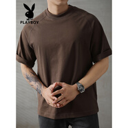 花花公子（PLAYBOY）插肩袖重磅300G寬松短袖T恤男士都市簡(jiǎn)約純色半袖上衣體恤衫 咖啡色 XS 100-120斤