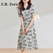 Z.R.Zoro奢侈品連衣裙女2025夏季新款優(yōu)雅氣質(zhì)碎花裙法式復(fù)古襯衫領(lǐng)連衣裙 黑花 M