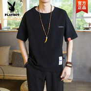 花花公子（PLAYBOY）2025夏季新款亞麻短袖T恤男棉麻圓領(lǐng)五分袖上衣寬松休閑半袖體恤 黑色高質(zhì)量 5XL 【推薦190-210斤以內(nèi)】