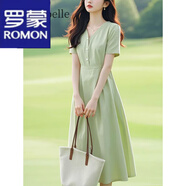 羅蒙（ROMON）法式連衣裙女夏季端莊大氣小個(gè)子顯高海邊度假v領(lǐng)收腰棉麻長(cháng)裙子 綠色 L