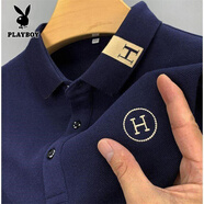 花花公子（PLAYBOY）polo衫純棉商務(wù)體恤半袖翻領(lǐng)有上衣服爸爸男裝男士短袖t恤丅 短袖H藏青 M 165