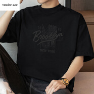 以純A21t恤男短袖夏季潮流寬松圓領上衣服美式半袖 m09-t672黑色 S