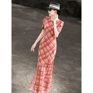 蘭瑟兒蘭瑟兒2025夏季新款氣質(zhì)法式復古格紋長(cháng)裙短袖壓褶拼接修身連衣裙 花色 橘色格子 S