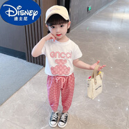 迪士尼（Disney）新款4歲女童短袖套裝3歲小童t恤2歲女寶寶九分褲套裝 小熊粉 套裝 90 建議身高75-85厘米