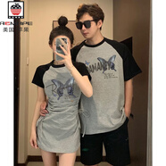 AEMAPE情侶裝t恤夏裝季2024新款高級休閑一裙一衣時(shí)尚插肩袖 黑拼灰女款+黑拼灰男款[優(yōu)質(zhì)純 均碼 女M+男3XL