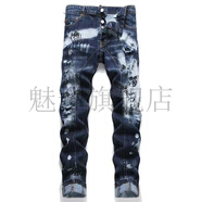 魅耀2025新款涂鴉D2字母牛仔褲立體潑墨補(bǔ)丁破洞修身彈力個(gè)性小腳長(zhǎng)褲 潑墨D2牛仔褲 L