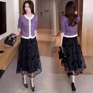 憶靈時(shí)尚連衣裙套裝女2025春季新款洋氣蕾絲拼接襯衫網(wǎng)紗半身裙兩件套 紫色衣+半身裙 2XL 【120-130斤】