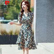 皮爾卡丹碎花雪紡連衣裙2026夏季新款法式V領(lǐng)短袖時(shí)尚小個(gè)子顯瘦百搭裙子 綠色 M (80-100斤  甄選面料)