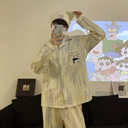 盛束蠟筆小新卡通ins睡衣男士春秋棉質(zhì)長(cháng)袖長(cháng)褲青少年寬松家居服套裝 條紋熊貓【長(cháng)袖+長(cháng)褲】 2XL 男碼【140-160斤穿】