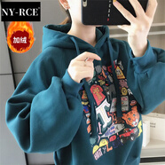 NY-RCE衛(wèi)衣女春秋新款韓版寬松加厚套頭潮連帽加絨卡通外套上衣 藍(lán)色-加絨 均碼