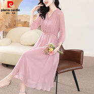 皮爾卡丹（pierre cardin）粉色雪紡連衣裙春夏2025新款溫柔減齡時(shí)尚甜美粉色V領(lǐng)收腰氣質(zhì)裙 粉色 S [適合105]斤