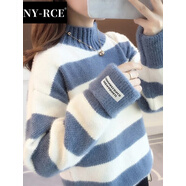 NY-RCENYRCE毛衣女2025冬季新款高品質(zhì)高領(lǐng)加厚寬松款秋冬短款潮流百搭 條紋藍(lán)半高領(lǐng)保暖加厚