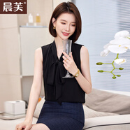 晨芙職業(yè)無(wú)袖V領(lǐng)襯衫女夏季高級感西裝內搭背心打底衫上衣雪紡白襯衣 黑色襯衫(0085蝴蝶結款) 3XL 建議127-135斤