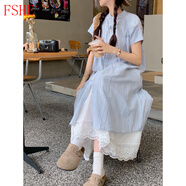 FSHE法式甜美條紋短袖襯衫連衣裙女秋季海邊度假風(fēng)氣質(zhì)寬松顯瘦A字裙 襯衫裙+半身裙【兩件套】 S :【建議80到95斤】