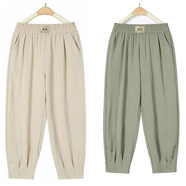 思羽君哈倫褲女薄款休閑九分褲2025夏季新款休閑褲女?huà)寢寣捤商}卜褲子 米色+豆綠九分褲【兩條裝】 3XL 建議140-150斤左右