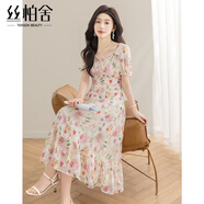 絲柏舍碎花連衣裙2025夏裝新款女高腰A字甜美度假風(fēng)方領(lǐng)中長裙
