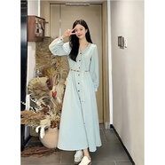 南糖三色法式V領流蘇連衣裙女春秋2025新款氣質時尚顯瘦清冷淑女收腰長裙 淺藍色連衣裙 S (建議85-100斤)