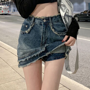 盛妙慈半身裙女辣妹復古毛邊牛仔裝夏季高腰顯瘦a字短裙小個(gè)子包臀裙子 藍色_裙有內襯 M