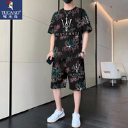 啄木鳥（TUCANO）夏季冰絲休閑運動t恤套裝男2025新款潮流印花短袖男裝寬松兩件套 新瑪莎拉蒂（短袖短褲） L 115-130斤