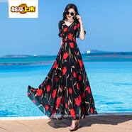 初徑2025新款夏氣質(zhì)新款大擺度假沙灘裙拖地顯瘦長(cháng)裙子碎花雪紡連衣裙 黑色紅色花 M 建議90-100斤