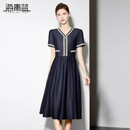海青藍牛仔連衣裙女2025新款女裝拼接v領時尚氣質(zhì)中長款高級裙子 藍色 M