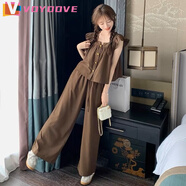 VOYDOVE小個子套裝女2025夏季新款韓版寬松小飛袖上衣+闊腿褲兩件套裝女 咖啡色【z套裝】 L 建議100-115斤