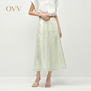 OVV2025春夏新款女裝微透歐根紗印花A字不規則拼接半身裙 牛油果綠 S