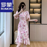 羅蒙（ROMON）連衣裙女2024夏季時尚氣質(zhì)燈籠袖修身玫瑰印花不規(guī)則中長魚尾裙子 粉色 XL