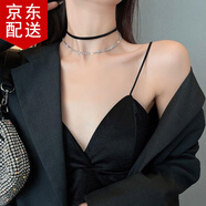 傾欣 高顏值鎖骨鏈黑色皮繩choker頸鏈鈴鐺項圈女生蕾絲綁帶情趣項鏈 閃鉆-1件套
