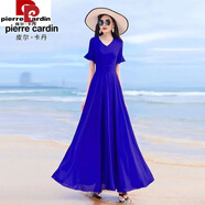 皮爾卡丹（pierre cardin）大擺裙波西米亞度假長(cháng)裙沙灘裙旅游拍照夏新款長(cháng)款大碼雪紡連衣裙 寶藍  5分袖 5XL 建議155--170斤