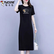 啄木鳥(niǎo)棉休閑連衣裙女2025夏季新款高端時(shí)尚短袖印花T恤女裙過(guò)膝長(cháng)裙 黑色(美女米奇) S 85斤-95斤