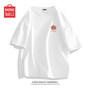 名創(chuàng  )優(yōu)品（MINISO）重磅T恤男短袖2025新款二本針抗皺純棉半袖男款純色百搭圓領(lǐng)體恤 【100%純棉】白色(楓葉紅胸標) S /165(品控嚴格)