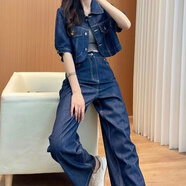 BMOI今年流行牛仔套裝女裝2025新款夏天短袖長(cháng)褲帥氣個(gè)性歐貨兩件套潮 深藍色 M