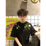 魯雅爾 潮牌刺繡花卉短袖t恤男美式bomber高街半截袖潮流痞帥情侶體恤衫 黑色 L