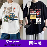威覺(jué)（WEIJUE）【買一送一 包郵】短袖t恤男夏季新款潮牌寬松半袖體恤薄款上衣服 T195白+T196黑 S