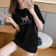 曼蓄短袖t恤女2025夏季新款韓版寬松百搭顯瘦遮肉中長(zhǎng)款圓領(lǐng)印花半袖 黑色【紫色卡通豹】 XL