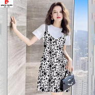 皮爾卡丹小個子假兩件連衣裙女夏裝2024高端氣質(zhì)新款顯瘦百搭拼接雪紡裙子 圖片色 XL 建議115-125斤