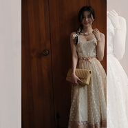 YUMOMO夏季定制蕾絲鏤空吊帶連衣裙重工仙女裙長(cháng)裙女 米黃色 高級米蕾絲吊帶裙 M