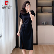 皮爾卡丹（pierre cardin）感休閑短袖連衣裙女夏季法式系帶收腰氣質(zhì)開叉中長款t恤裙子 系帶開叉連衣裙黑色【短連衣裙女 L