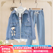 湯靈鼠女童牛仔套裝春秋款洋氣女孩衣服9一12歲時(shí)髦春秋童裝外套牛仔衣13中大童15兒童兩件套女5歲棉 口袋熊外套+淺色牛仔褲 160（M建議80-95斤穿）
