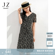 玖姿·安娜蔻氣質(zhì)輕熟風(fēng)系帶V領(lǐng)碎花裙修身連衣裙女裙夏裝中長款法式短袖裙子 花黑 M