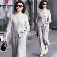 皮爾卡丹（pierre cardin）棉麻套裝女夏季2025新款媽媽襯衫闊腿褲亞麻時尚兩件裝夏顯瘦 淡灰色 【】 L 115-130斤