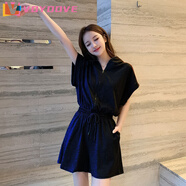 VOYDOVE春夏新款小個(gè)子學(xué)院風(fēng)休閑寬松連體闊腿短褲女連帽收腰連衣褲套裝 黑色連體【單套】 L 建議【105-115斤】